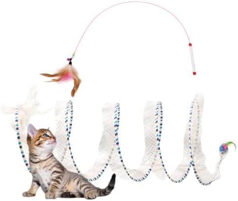 Spiral Tunnel Cat Toy, 25.59 Inches Unfolded with Cat Wand Self Play Collapsible, Hunting Spiral Tunnel with Feather Mouse Toys and Bell for Indoor Kitten Play Chase Exercise (Blue)