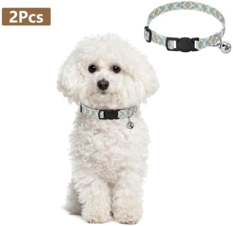 Vintage Mandala Floral White Cat Collars with Bell 2 Pack Puppy Collar Adjustable 10.6 to 17.1 Inches