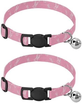 Cute Rabbit Faces Pink Lightweight Small Dog Collar, 2 Pack Cat Collar Breakaway with Bell