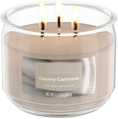 Creamy Cashmere Scented Candle 11.5oz, 3-Wick Long Lasting Glass Jar Candle for Home Decor, Living Room Ambiance, Aromatherapy Relaxation, Elegant Blend for Bedroom, Office, Spa
