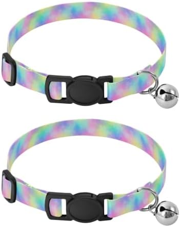 2 Pack Cat Collar Rainbow Swirl Pastel Bell Collar for Small Dogs, Adjustable 10.6 to 17.1 Inches