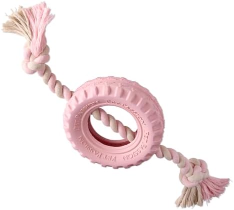 Pet Passion Natural Rubber Tire and Organic Cotton Rope Pull and Chew Dog Toy for All Pet Breeds, Blush, Large