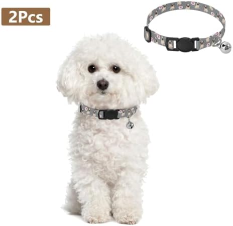 2 Pack Small Dog Collar Cute Pugs Heart Gray Cat Collars with Bell, Adjustable Length 10.6" to 17.1"