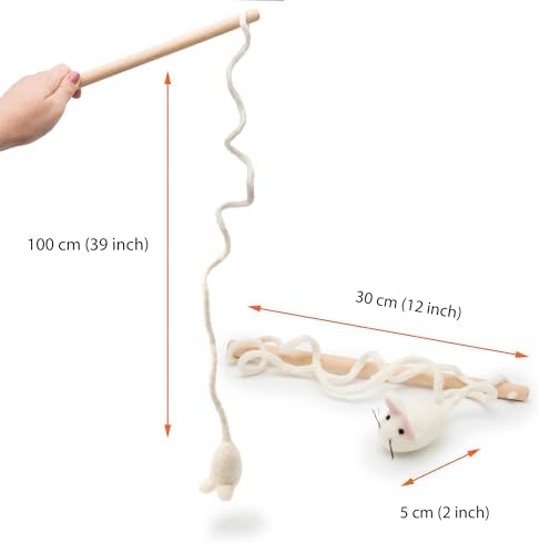 Glaciart One Mouse on a String Cat Toy – Durable Wooden Wand Cat Toy with Natural Wool Felt Mouse w/Catnip, Interactive Cat Toy on a Stick & Cat String Toys for Indoor Cats to Chase & Exercise