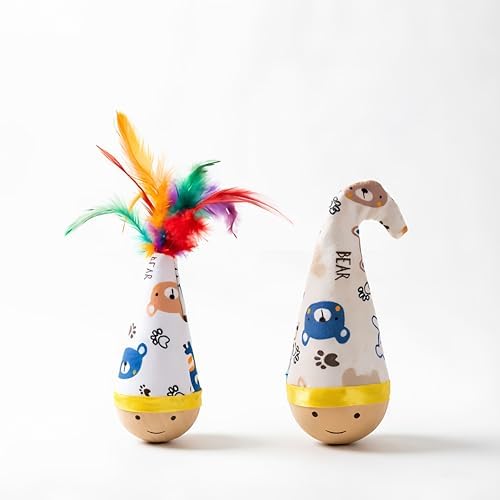 Interactive Wooden Cat Toy Natural Beechwood Wobble Tumbler Silent 2PCS