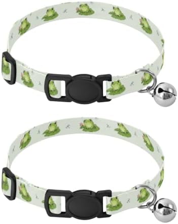 Cute Green Cartoon Frogs Cat Bell Collar 2 Pack Pet Collars Adjustable Length 10.6" to 17.1"
