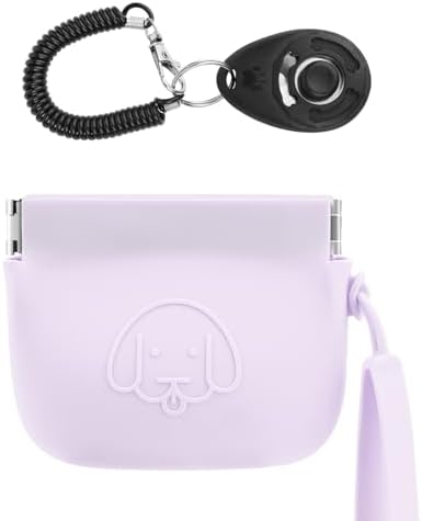 WALLFID Silicone Dog Treat Pouch, Auto Closure, with Pet Training Clicker, Walking Bag for Dog and Cat, Pocket Size, Easy to Clean, Odorless, Travel Walking Bag (Light Purple)