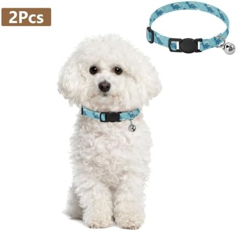 2 Pack Dog Collar Cute Blue Cartoon Dinosaurs Cat Collar with Bell, Adjustable 10.6 to 17.1 Inches