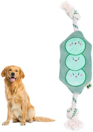 Green Sheep Interactive Plush Dog Toy, No Stuffing Squeaky Toy with Recycled Cotton Rope for Medium to Large Dogs, Chew Toy, Pea