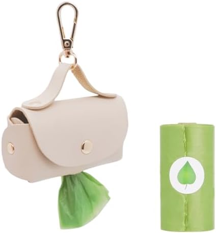 Leather Poop Bag Holder Dispenser for Leash, Portable and Reusable Dog Poop Bag Dispenser, Dog Bag Holder for Walking, Outdoor, Travelling (Beige)