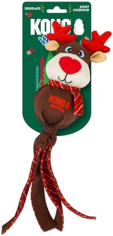 KONG Holiday Wubba Dog Toy – with Long Floppy Tails, Squeaker for Tugging, Fetching & Shaking Fun (Reindeer)