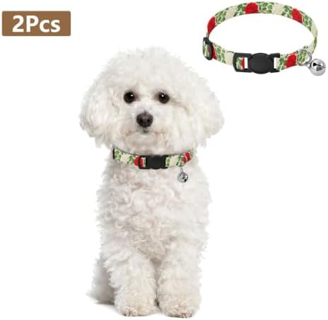 2 Pack Pet Collars Red White Roses Green Leaf Cat Collar with Bell, Adjustable Length 10.6" to 17.1"