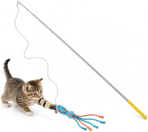 Interactive Cat Wand Toy with Plush Fish Teaser, Ultra-Thin Elastic Cord, Retractable Stainless Steel Wand for Indoor Cats