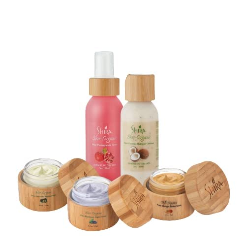 Shira Organic – Face Essentials Combo Of Avocado moisturizer (15ml) Sets, Blueberry night cream, Pomegranate Toner 89ml, Mango Butter Mask, Coconut Oatmeal Cleanser (89ml), Skin Care Essentials