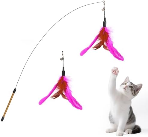Pawaboo Cat Feather Wand Interactive Toy, 2 Feathers + 1 Wand with Bell