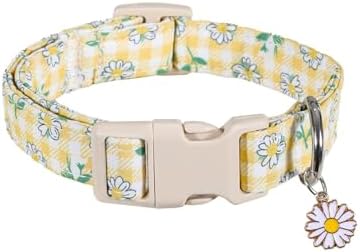 Cute Dog Collar, Yellow Plaid Dog Collar with White Floral Pattern, Spring Summer Design Floral Collar for Girls Boys Large Dogs