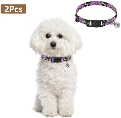 Watercolor Purple Lilacs Butterflies Bell Collar for Small Dogs 2 Pack Pet Collars Adjustable Length 10.6" to 17.1"