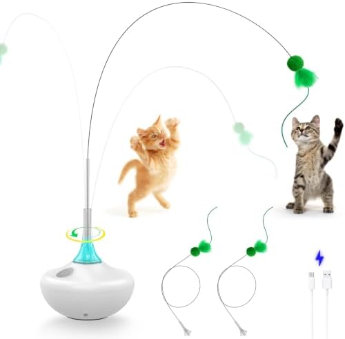 Interactive Cat Toy with Touch Activation, Automatic Spin Cat Toys for Indoor Cats, 26-Inch Extra Long Feather Wand, Rechargeable