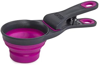 Dexas Popware for Pets Collapsible Klip Scoop, 3-in-1 Pet Food Scoop, Measuring Cup and Bag Clip, 1/2 Cup Capacity, Fuchsia