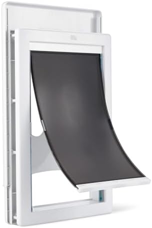 Amazon Basics Adjustable Plastic Dog and Cat Door, Large, 9.5" x 16" Entrance, 20" x 13.3" x 4.5", White and Grey, for Interior and Exterior Doors or Wall