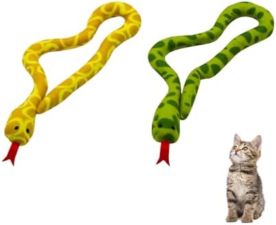 Andiker 2PCS Snake Cat Toys, 23.6 Inches Long Realistic Snake Shape Cat Plush Toy with Bite-Resistant Fabric Interactive Cats Toy for Indoor Cats to Bite Chew Keep Teeth Clean (Yellow&Green)