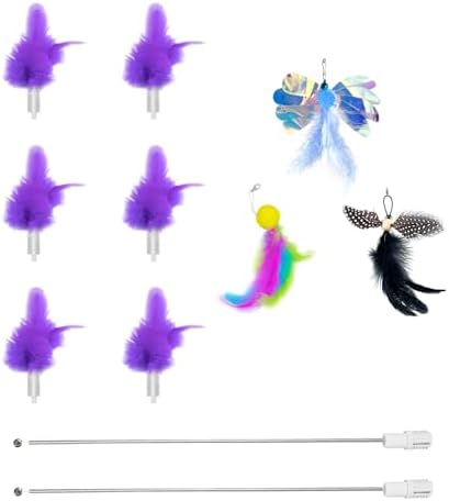 MOHAYA 9 Pcs Soft Feathers Replacement Accessories,Interactive Cat Toys Set with Feather Wands and Attachments, Purple and Multi-Color,
