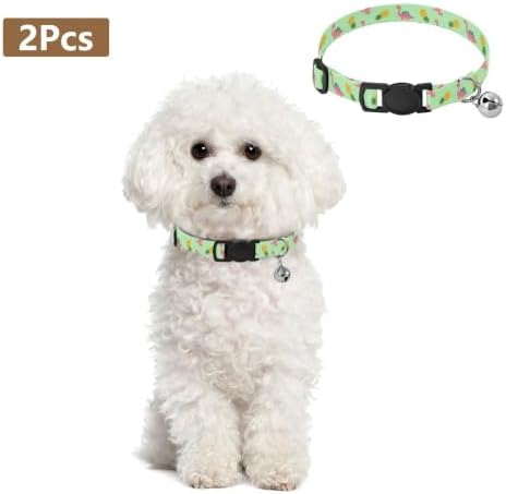 Tropical Dino Mint Dog Collar with Bell 2 Pack Pet Collar Adjustable 10.6 to 17.1 Inches