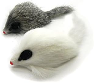 Kats'N Us 2 Inch Real Rabbit Fur Long Hair Mouse Cat Toy (2, Gray & White)