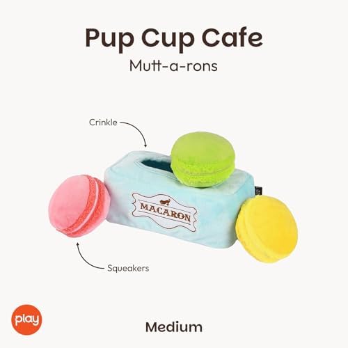 P.L.A.Y. Cute Plush Dog Toys - Coffee Shop Food Themed Durable Squeaker Chew Toy for Medium & Large Dogs - Machine Washable, Recycled Materials (Pup Cup Cafe Mutt-a-rons, Medium)