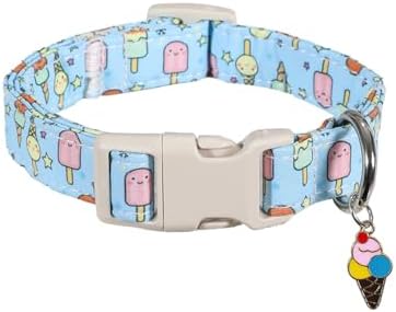 Cute Dog Collar, Girl Boy Dog Collar for Medium Dogs, Blue Collar with Ice Cream Print for Spring Summer, Adjustable Pet Collar Made of Soft Durable Fabric and Robust Buckle, M
