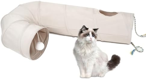 Cat Tunnel, 2-Way Collapsible Cat Tube with Interactive Peek-A-Boo Hole, Toy Ball, and Rope Ideal for Indoor Cats, Kittens, and Rabbits, Beige