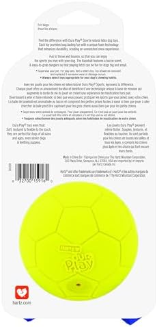 Hartz Dura Play Sports Baseball Dog Toy, Bacon Scented Squeaky Latex Yellow & Blue Toy, 1 Count
