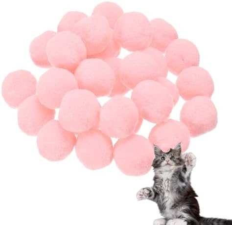 Cat Toy Pom Ball, Interactive Cat Ball Toys Fuzzy Pompoms (Plush, 1.2Inch, 30Pcs, Rose Pink) for Kittens Pet Enrichment Training Play Indoor