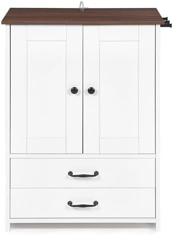 Dog Feeding Station with pet Feeding Station Dog Feeding Station Double Door Locker, Adjustable Dog Bowls and Storage Hooks, Dog Food Station White Pet Food Cabinet with 2 Removabl