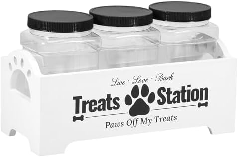 Dog Treat Container, Food Storage Container with 3 Plastic Dog Treat Jars, Reusable Cat Treat Container, Pet Treat Storage Organizer, Wood Dog Treat Holder, Dog Food Container for Dog Cat(white)