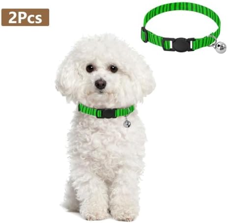 Green Stripes Dog Collar with Bell 2 Pack Kitten Collar Adjustable Length 10.6" to 17.1"