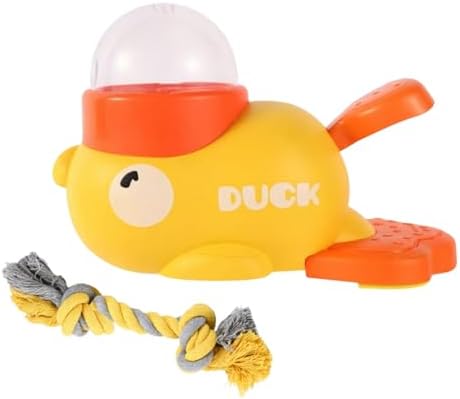 Interactive Duck Dog Treat Dispenser Toy – Slow Feeder Puzzle for Dogs with Bonus Chew Rope Toy, Tail Press Food Dispenser, Fun Training & Enrichment Feeder, Easy to Clean (Yellow)