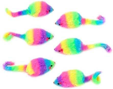 CHIWAVA 24PCS 2.8" Rainbow Color Furry Cat Toy Mice with Rattle Kitten Play