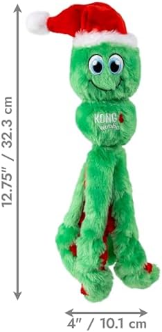 KONG Holiday Wubba Octopus Dog Toy – Christmas Plush Squeaky Tug & Fetch Toy with Santa Hat, Durable Festive Play Toy, Large