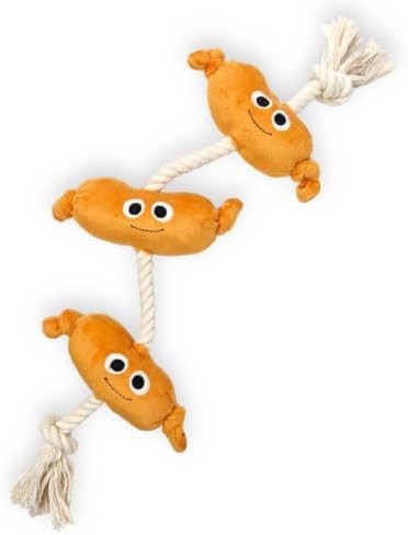 Orange Sausage Dog Rope Toy, Squeaky Plush Tug for Small Medium Dogs