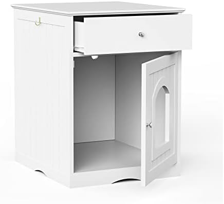 Wooden Cat Litter Box Enclosure with Drawer, White, Side Table Nightstand, Indoor Pet Crate, 18.9 x 20.9 x 25 Inches (White)
