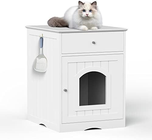 Wooden Cat Litter Box Enclosure with Drawer, White, Side Table Nightstand, Indoor Pet Crate, 18.9 x 20.9 x 25 Inches (White)
