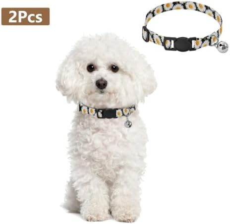 White Daisies Black Dog Bell Collar 2 Pack Pet Collar Adjustable Length 10.6" to 17.1"