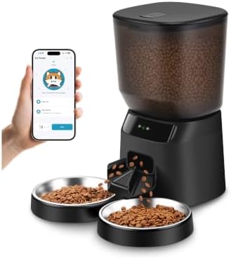 Automatic Cat Feeders WiFi for Two Cats, 5L/20 Cups Double Automatic Cat Food Dispenser with APP Control, 2 Stainless Bowls, Timer Setting 20 Portions 10 Meals Per Day