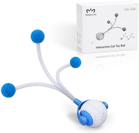 Cat Toys for Indoor Cats, Interactive Cat Toy Ball with Pom-Pom Tails, Automatic Cat Toy Self Play Exercise Toy to Relieve Boredom for Kitten & Adult Cats (Blue)