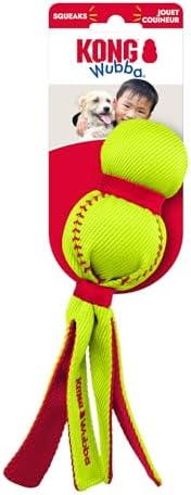 KONG Wubba Sport Dog Toy – Reinforced Tug & Toss Toy with Squeaker and Floppy Tails for Fetch & Interactive Play (Softball, Small)
