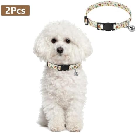 Colorful Vintage Flowers Dog Collar with Bell 2 Pack Cats Collar Adjustable Length 10.6" to 17.1"