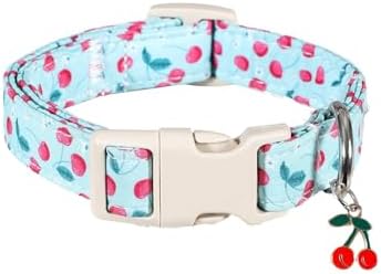 Cherry Dog Collar, Blue Dog Collar for Spring Summer with Quick Release Buckle, Fits Puppy, Small, Female, Male Dogs, Collar with Premium Package, S