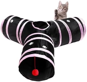 3 Way Cat Tunnel Collapsible Fun Pet Play Tube Toys for Cats, Kittens, Puppies & Rabbits - Portable Tunnel with Hanging Ball for Indoor Play, Hideout & Exercise