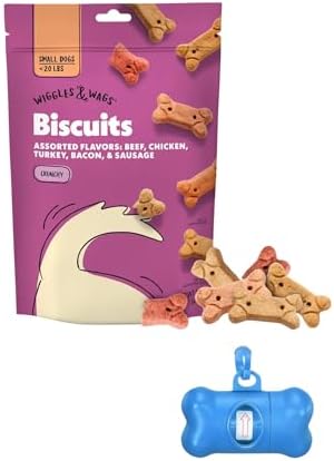 Wiggles & Wags Biscuits Dog Treats, Assorted Meat Flavors, 15 oz with DN Essentials Bone Shaped Waste Bag Dispenser & a Free Roll!